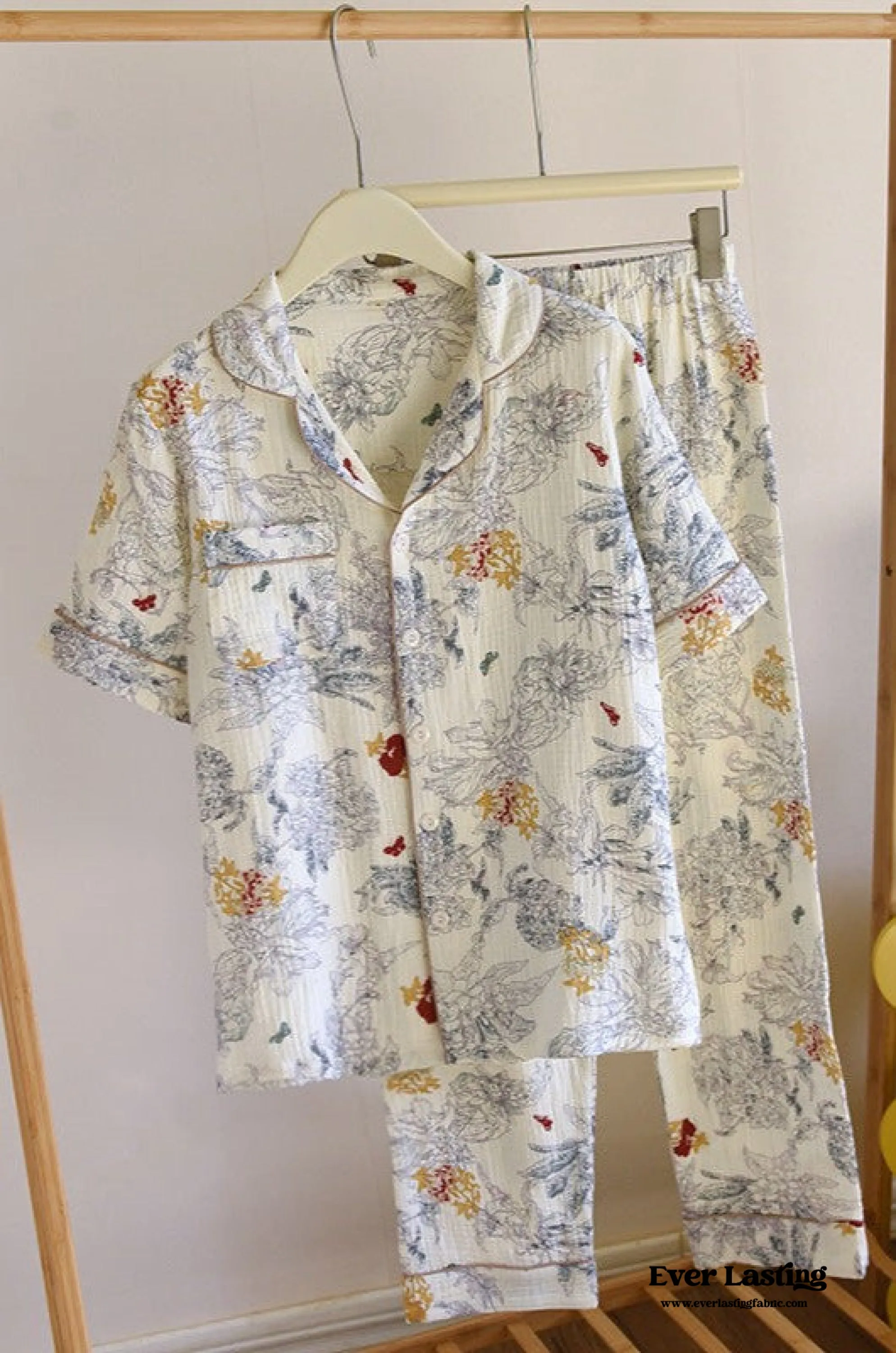 Floral Garden Short Sleeves and Pants Cotton Pajama Set / Beige