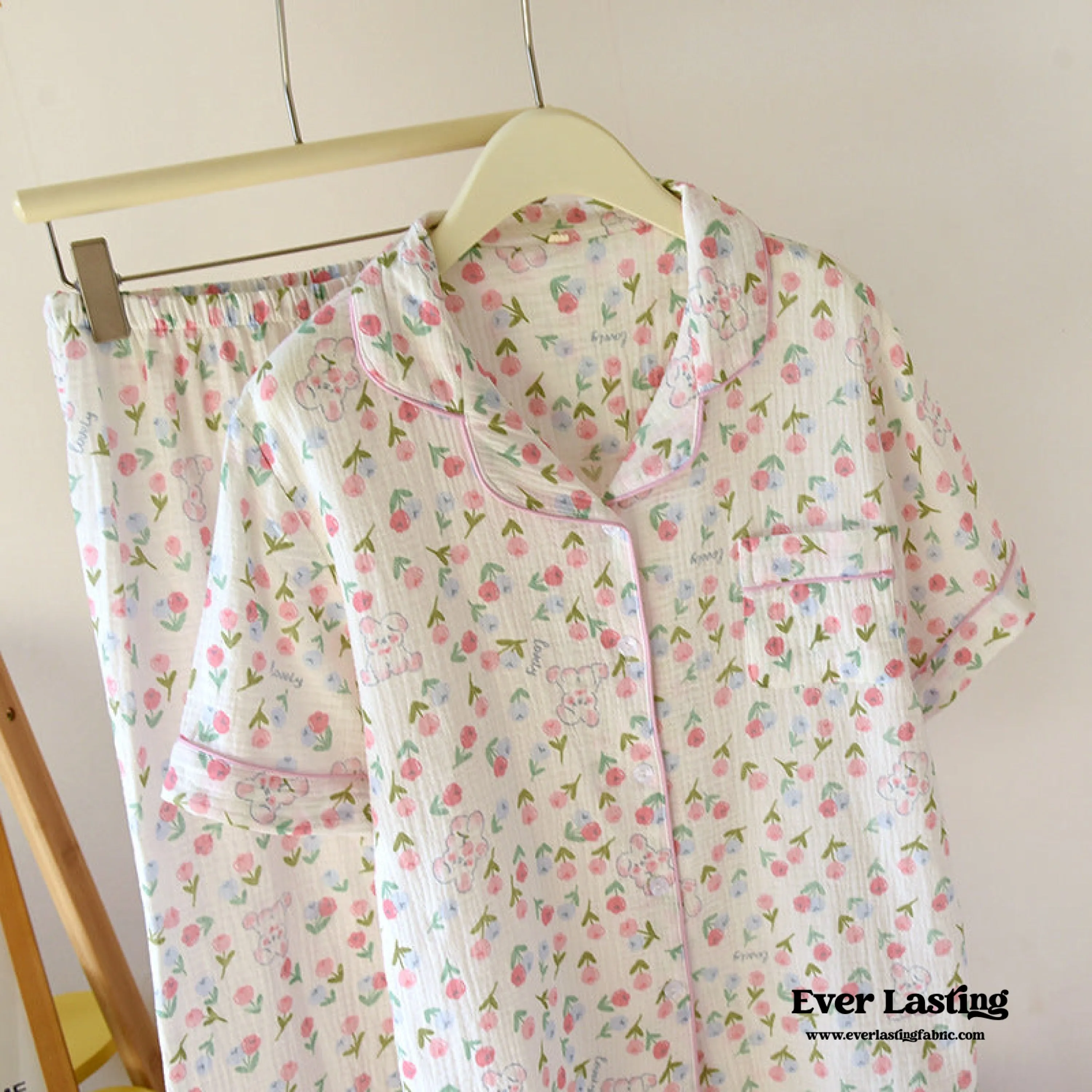 Floral Garden Short Sleeves and Pants Cotton Pajama Set / Beige