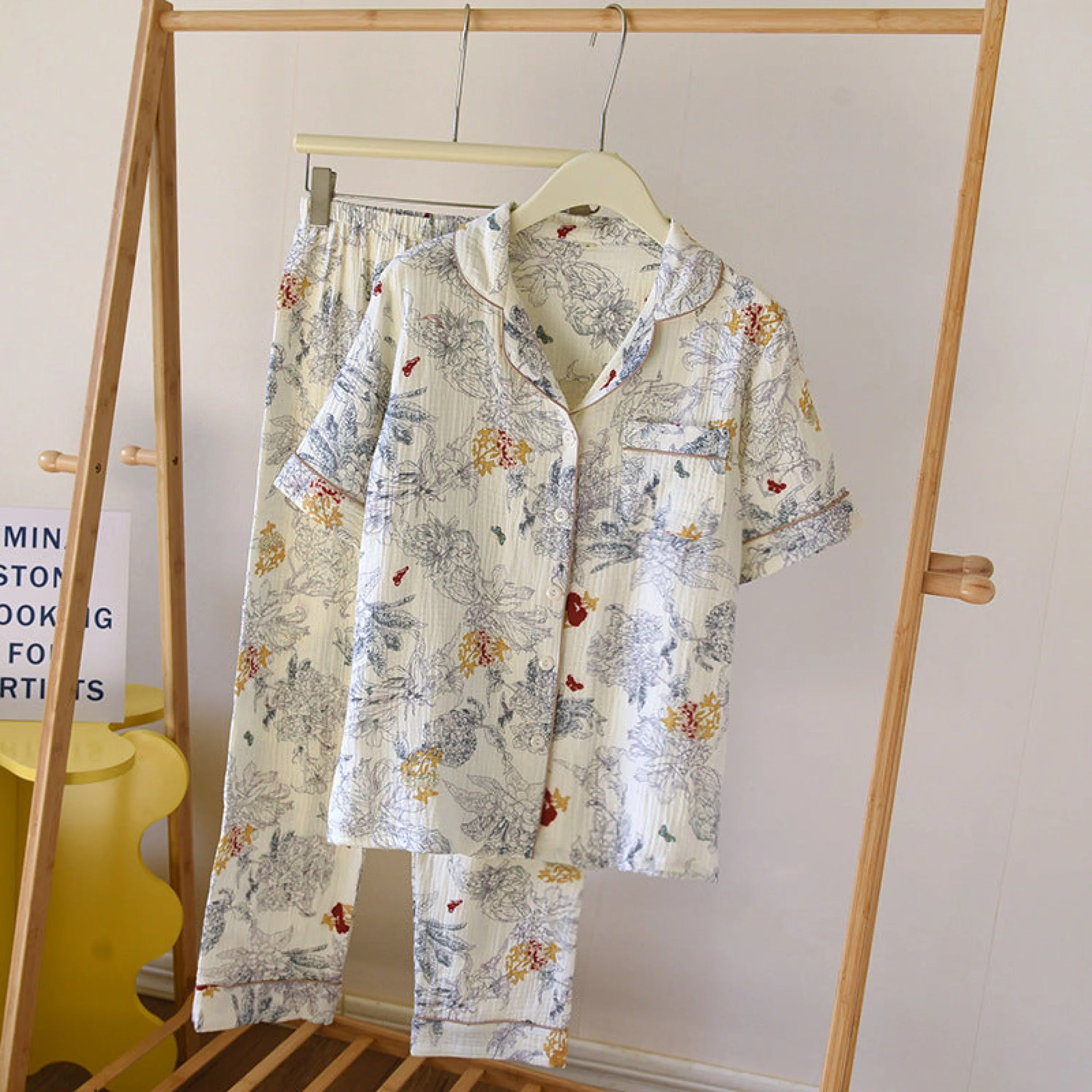 Floral Garden Short Sleeves and Pants Cotton Pajama Set / Beige