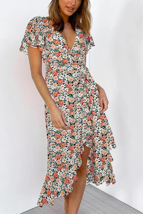 Floral Ruffles Print Wrap Maxi Dress