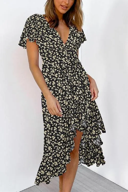 Floral Ruffles Print Wrap Maxi Dress