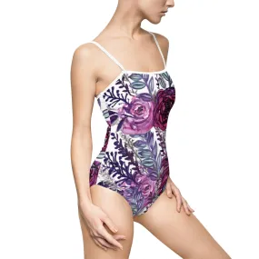 Floral Women's Swimwear, Purple and White Floral Print Best Women's One-piece Unpadded Swimsuit (US Size: XS-3XL)