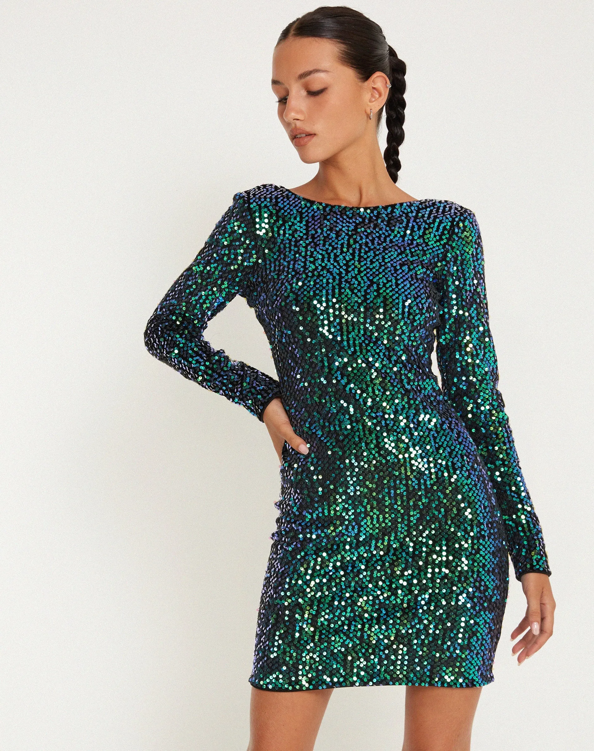 Gabby Mini Dress in Sequin Green Iridescent