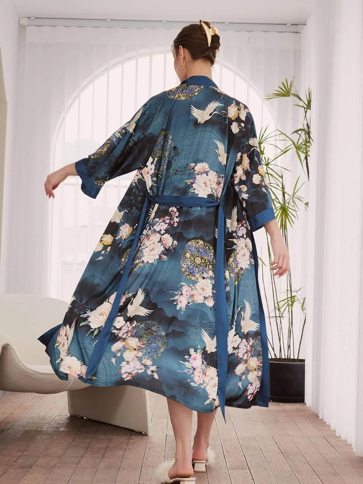 Garden Crane Blue Kimono Robe