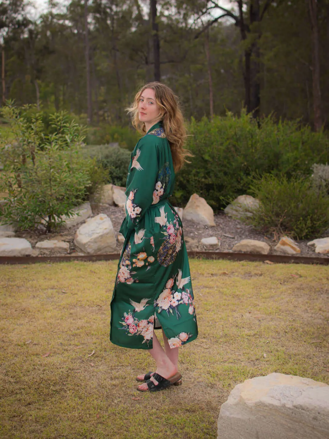 Garden Crane Green Kimono Robe