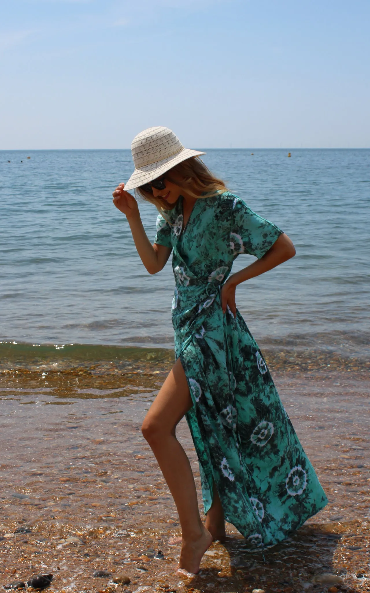 Green Floral Tie Dye Wrap Dress