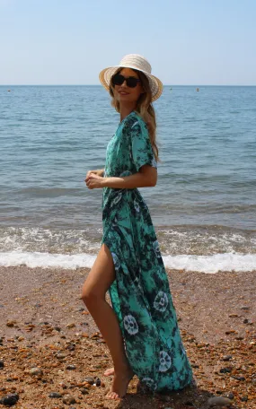 Green Floral Tie Dye Wrap Dress