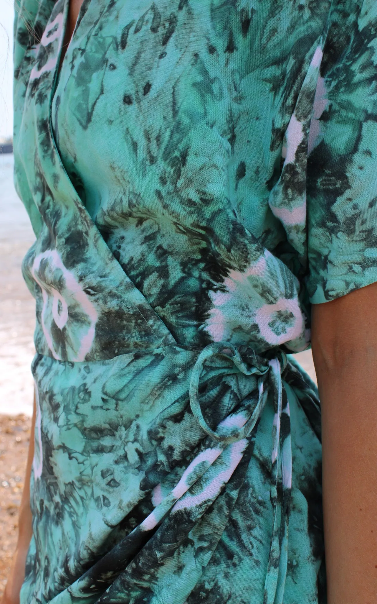 Green Floral Tie Dye Wrap Dress