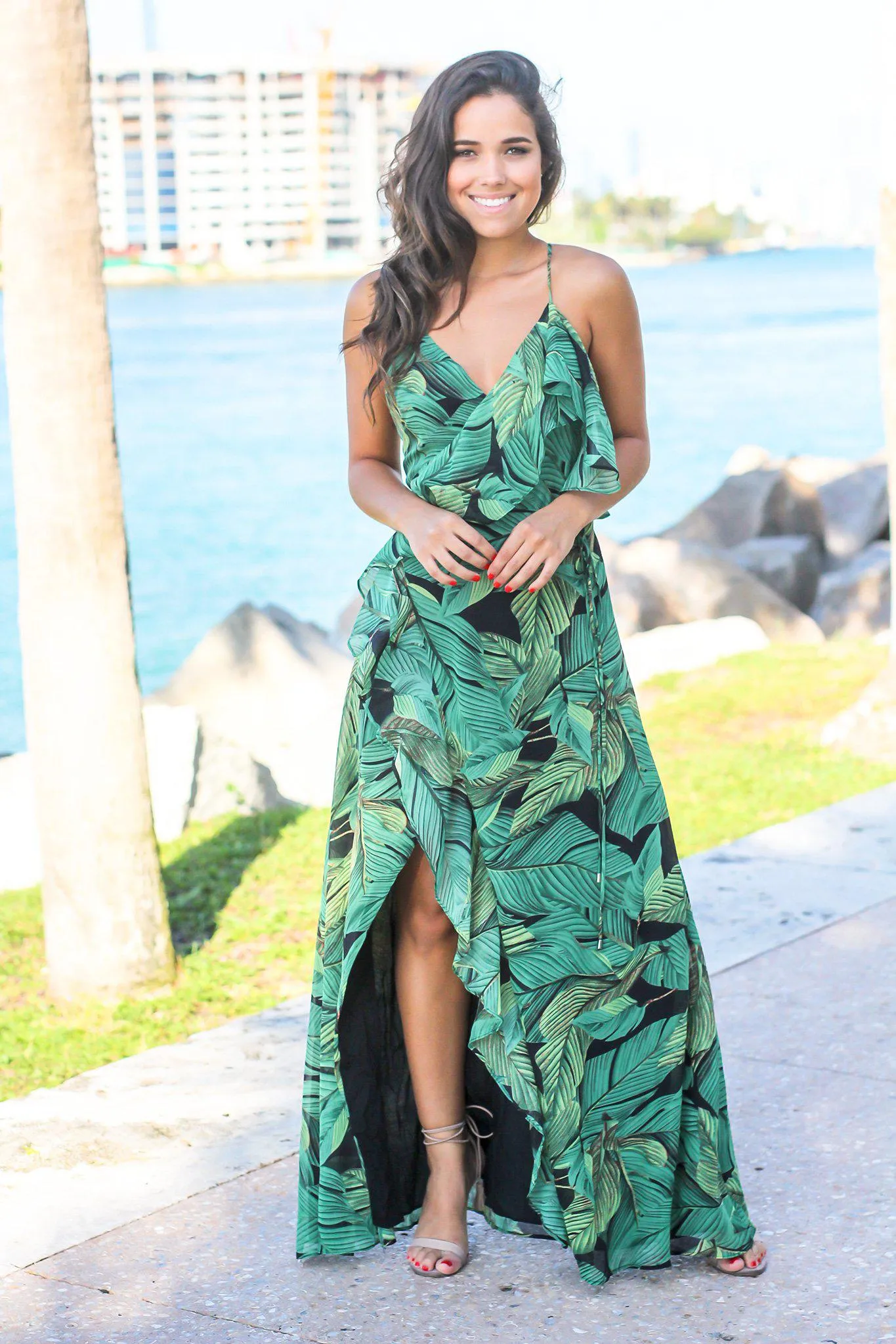 Green Tropical Wrap Dress