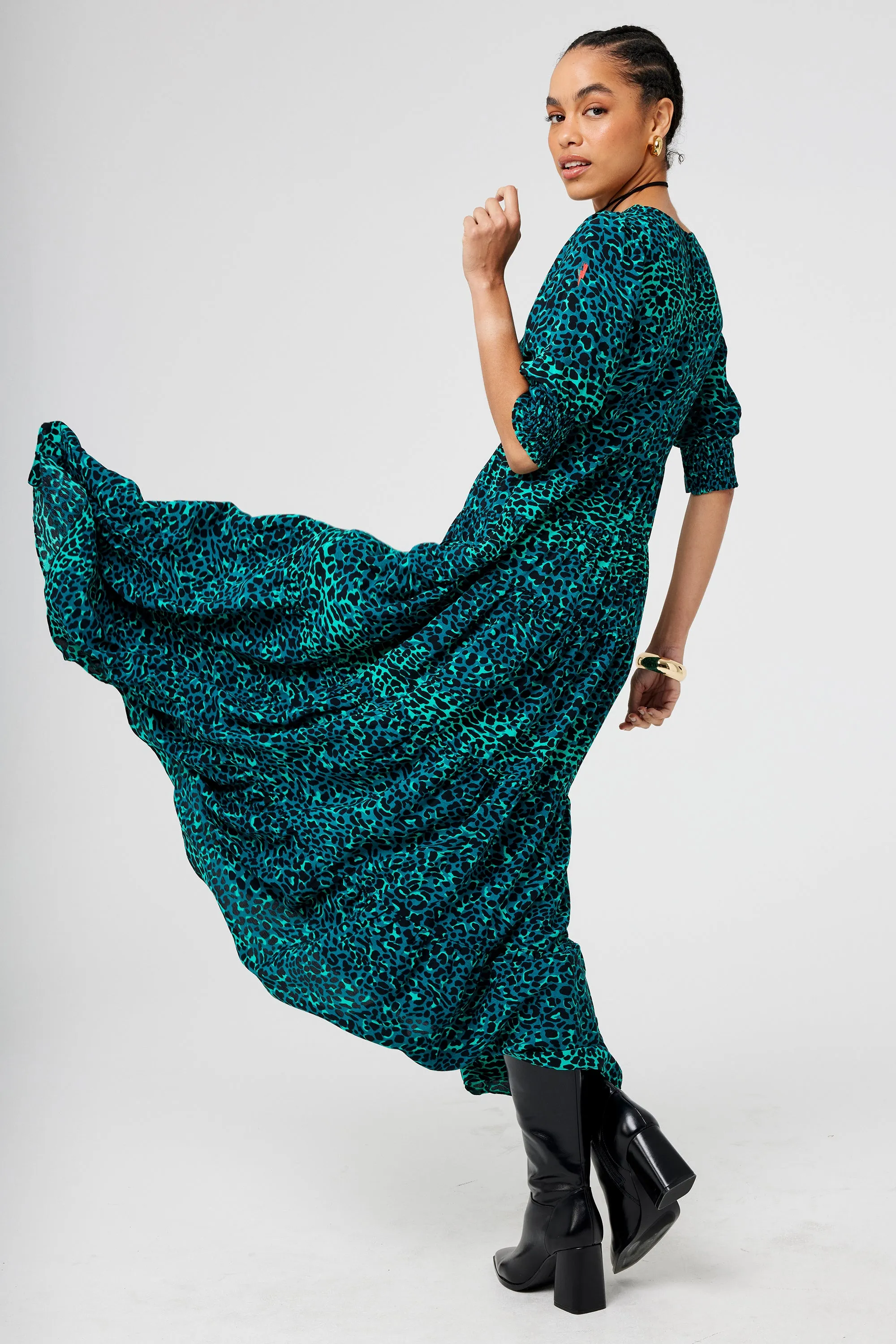 Green with Black Wild Leopard Maxi Dress