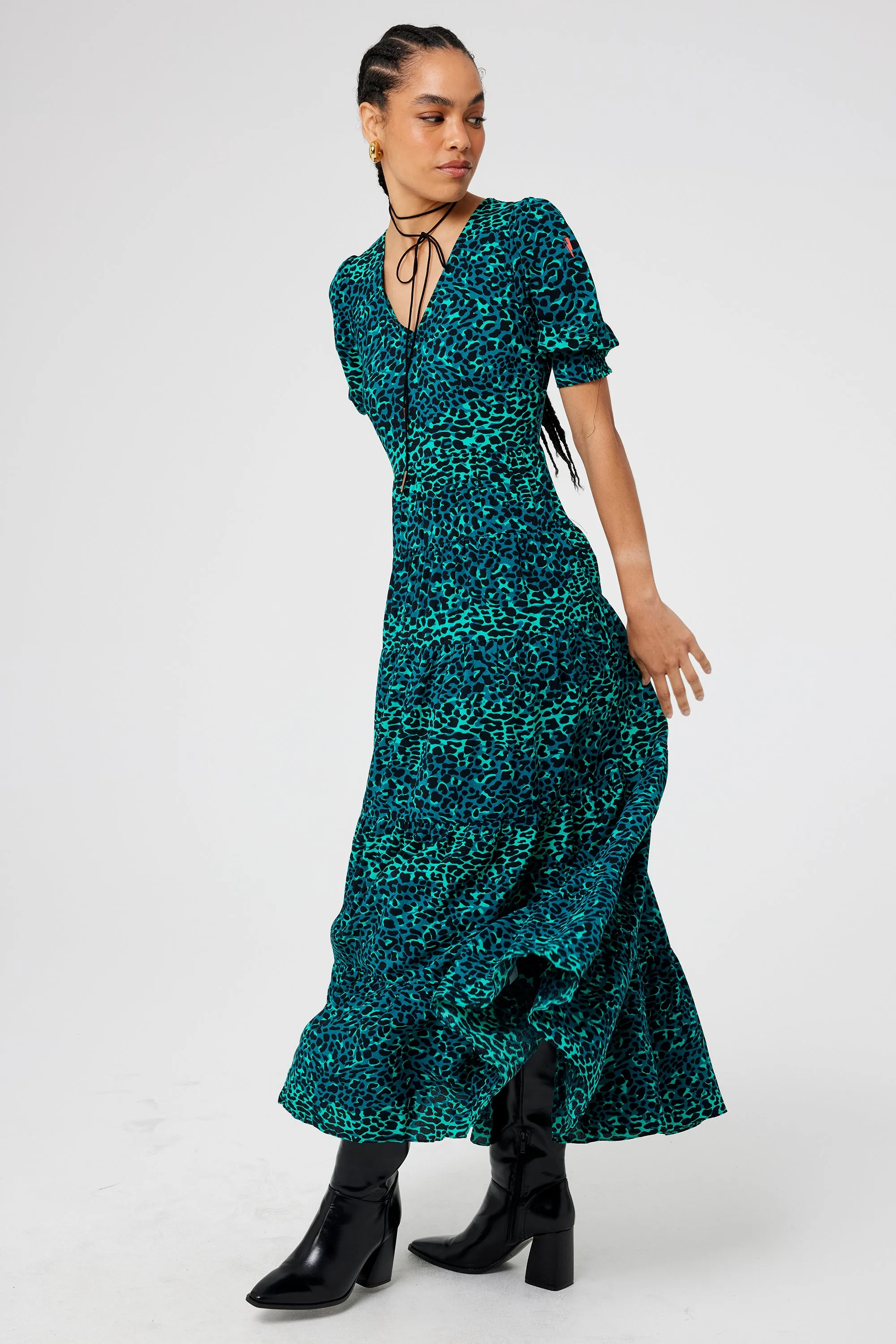 Green with Black Wild Leopard Maxi Dress