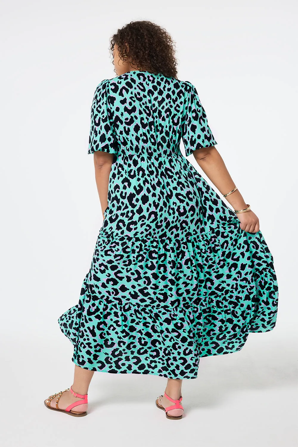 Green with Purple and Black Shadow Leopard Tie Front Maxi Dress