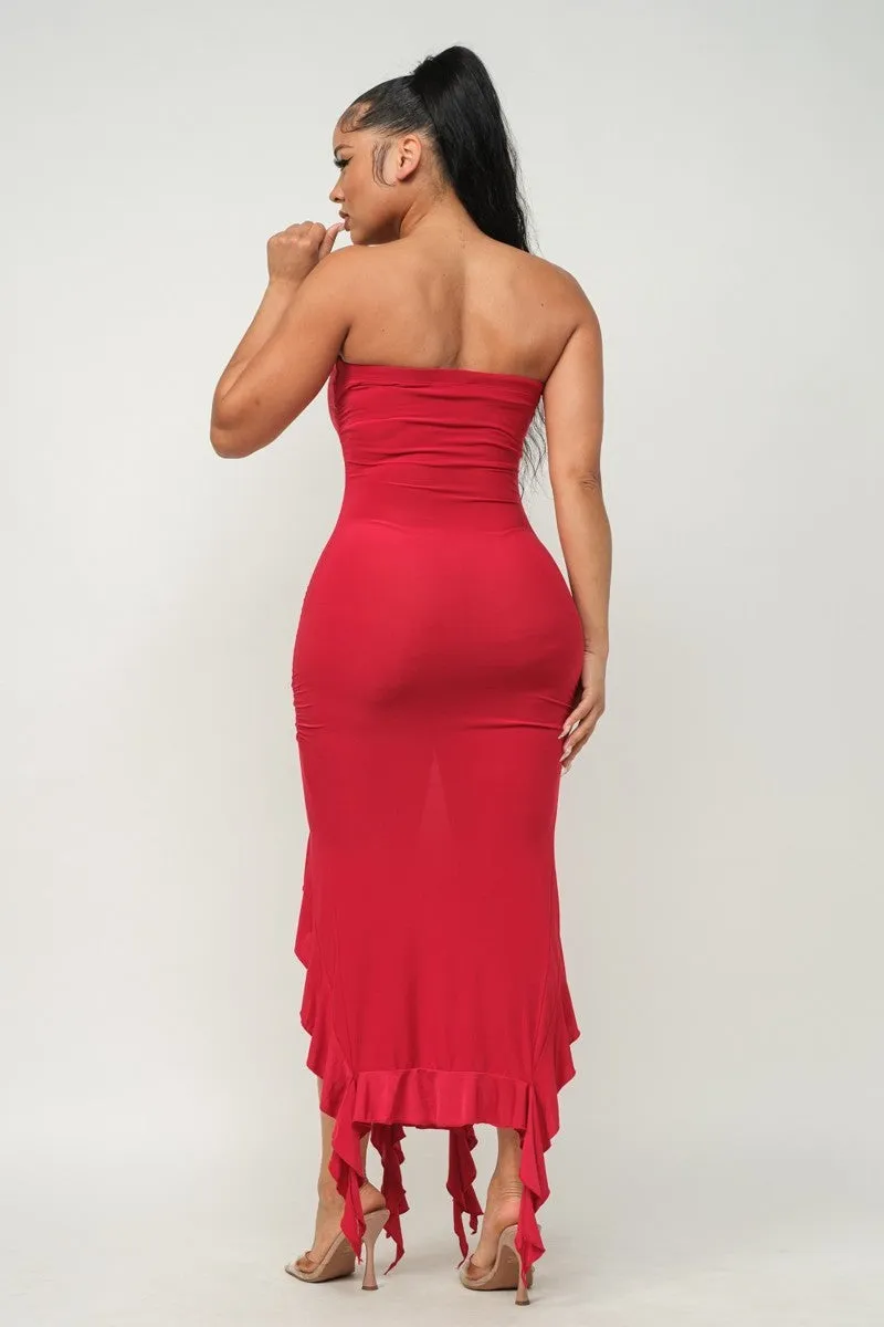 Hem Slit Bottom Ruffle Tube Maxi Dress - 4 colors