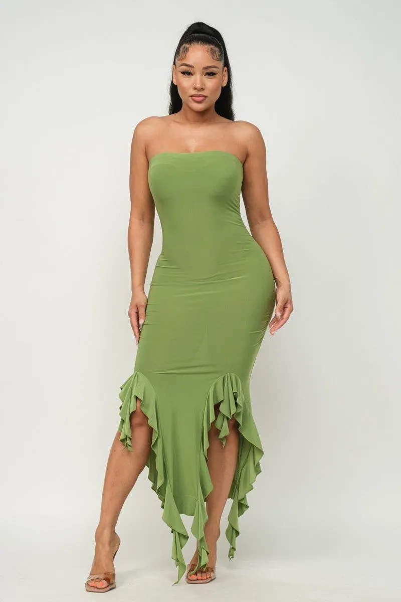 Hem Slit Bottom Ruffle Tube Maxi Dress - 4 colors