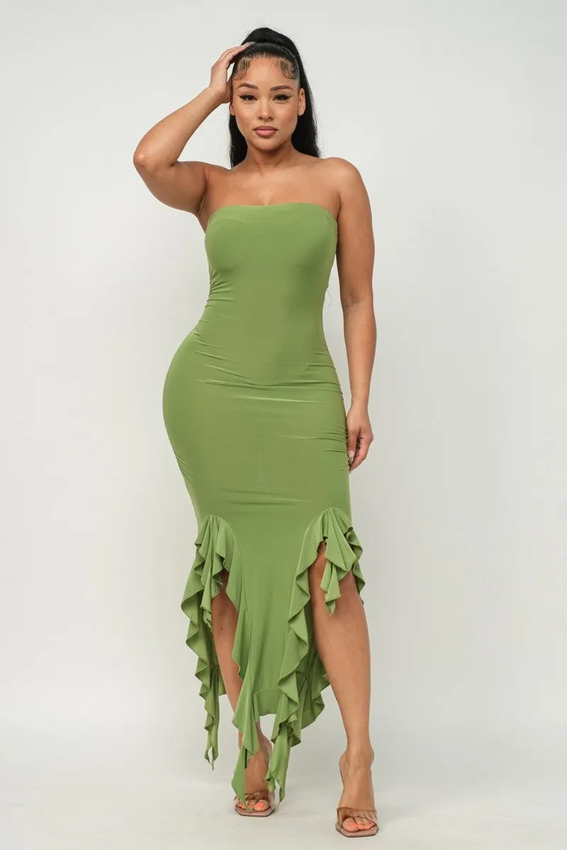 Hem Slit Bottom Ruffle Tube Maxi Dress - 4 colors