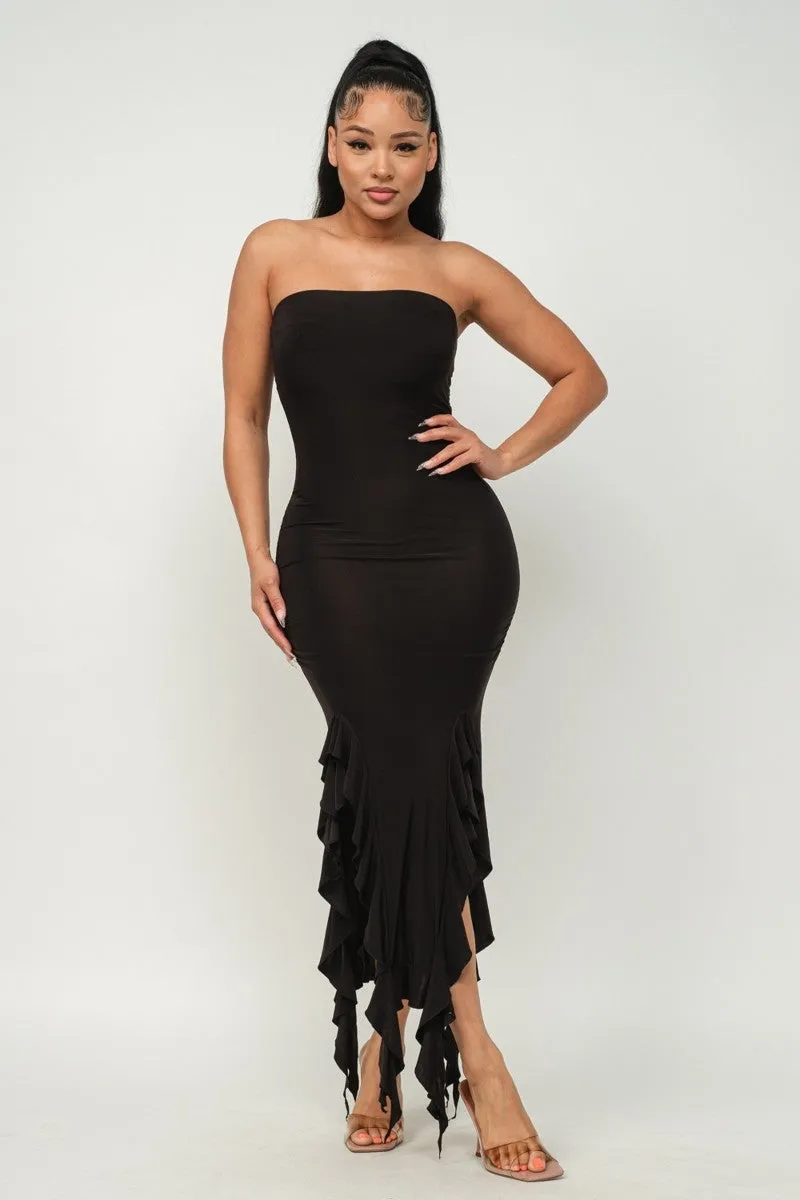 Hem Slit Bottom Ruffle Tube Maxi Dress - 4 colors