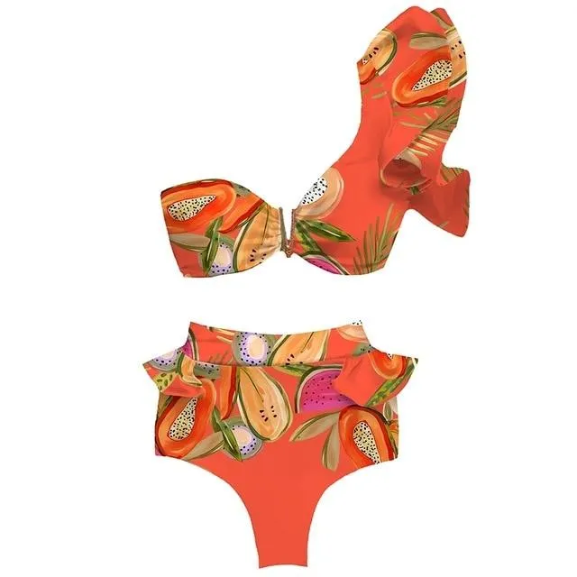 Hot Girls' Floral Print Push Up Bikini Set With Ruffles Bandage Padded Bra