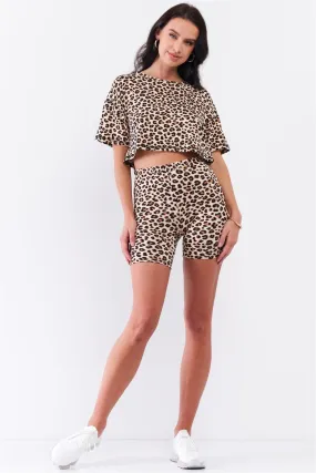 Ivory & Brown Leopard Crew Neck Dropped Shoulder Short Sleeve Cropped Top