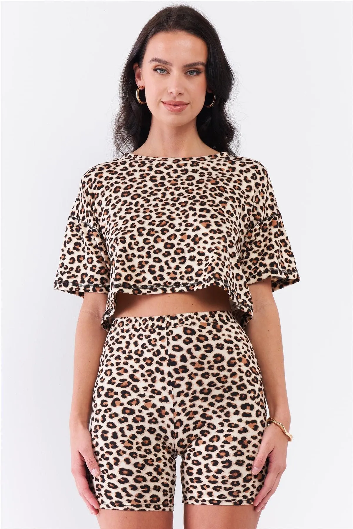 Ivory & Brown Leopard Crew Neck Dropped Shoulder Short Sleeve Cropped Top