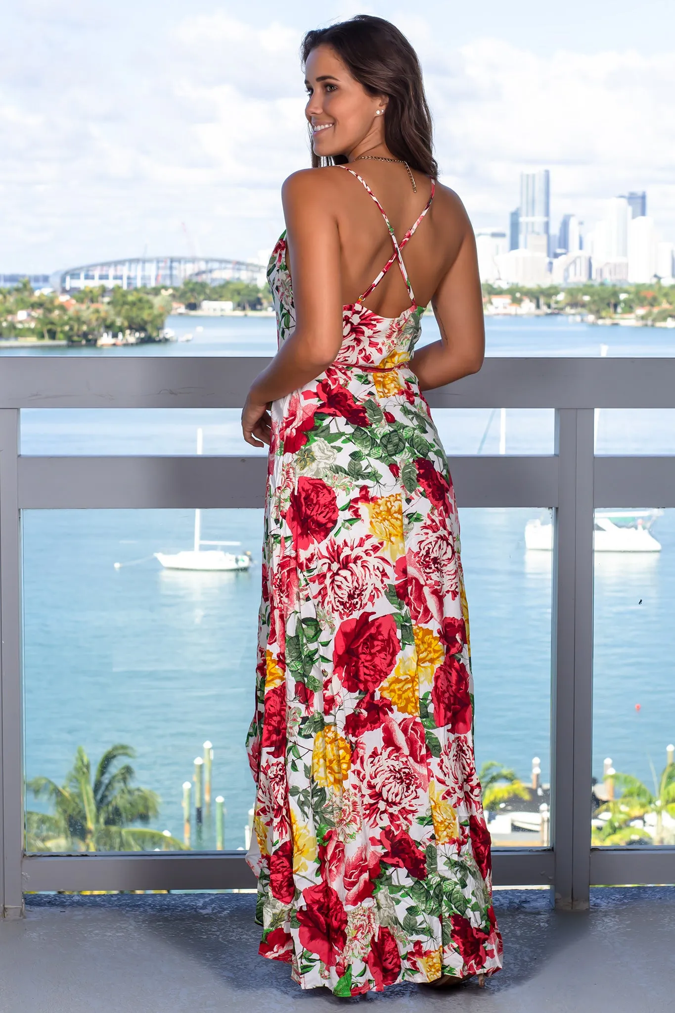 Ivory and Red Floral Wrap Dress