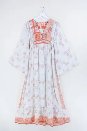 Lunar Maxi Dress - Vintage Sari - Burnt Orange & White Tile - Size S/M