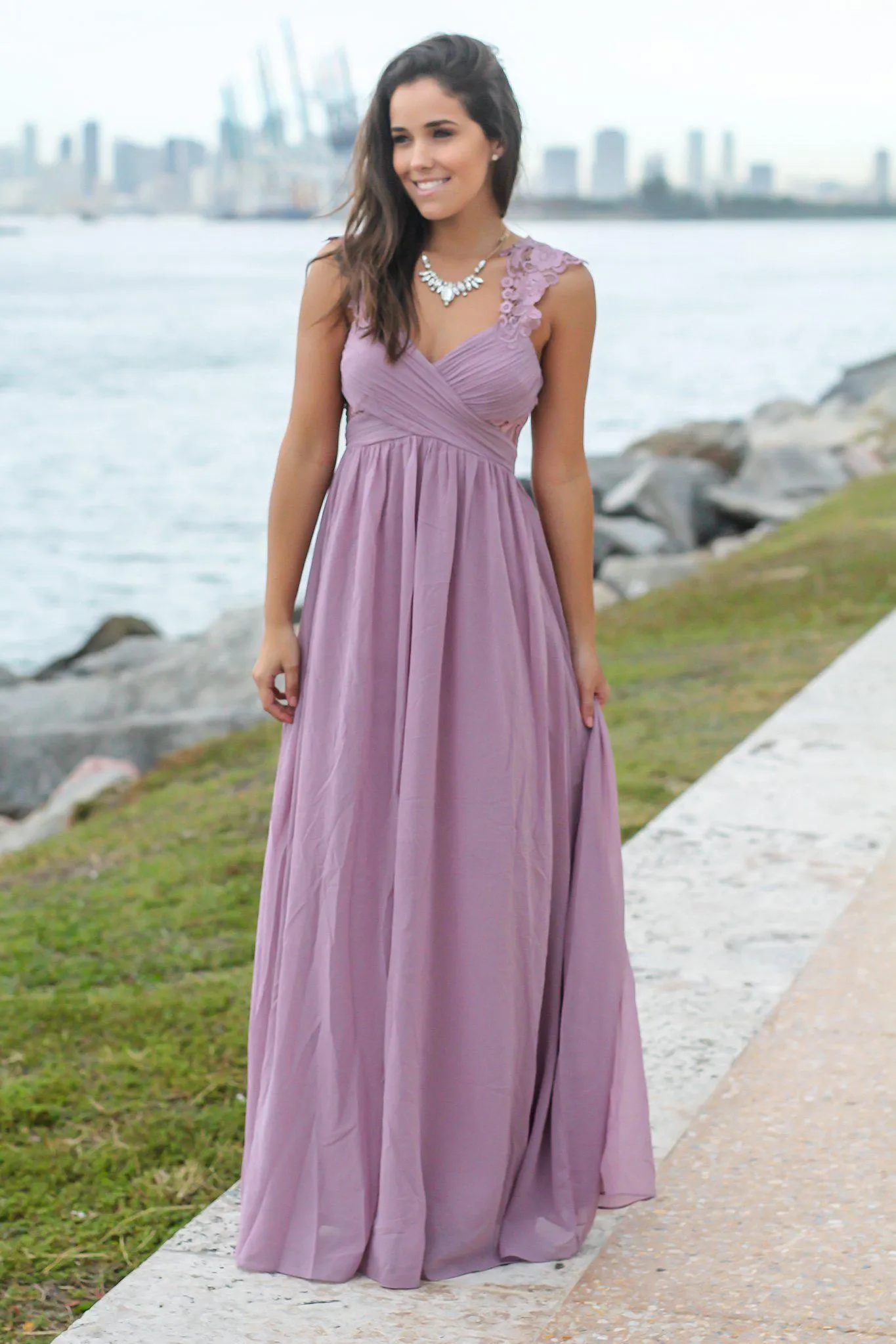 Mauve Maxi Dress with Pleated Top and Crochet Detail