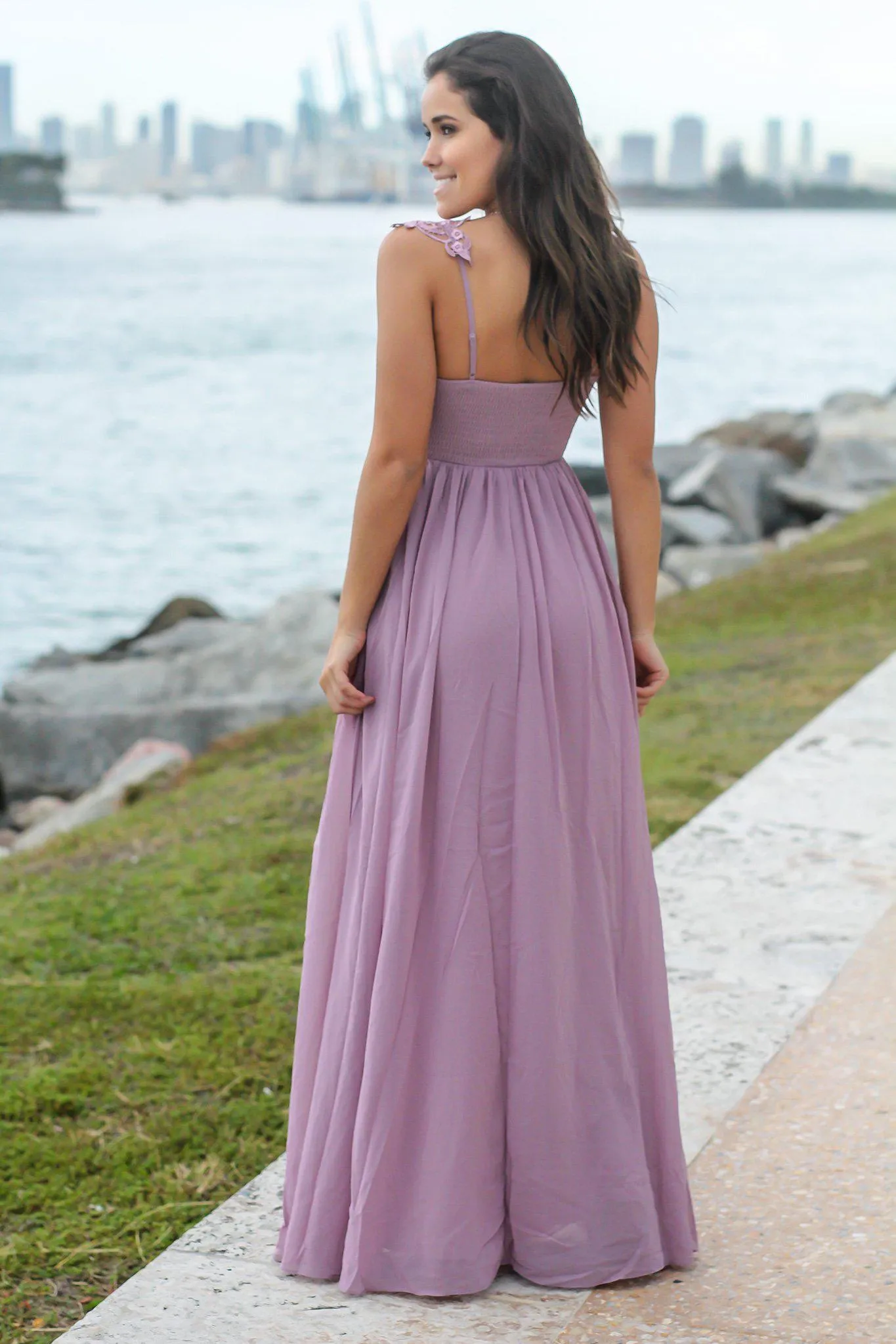 Mauve Maxi Dress with Pleated Top and Crochet Detail