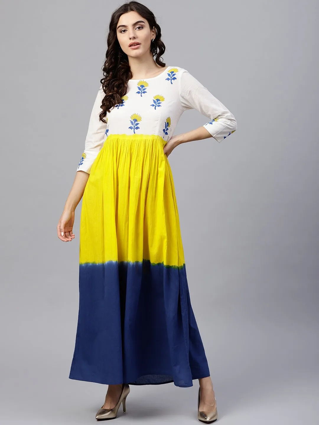 Multi Colored Ombre dyed maxi dress with round neck and 3/4 sleeves