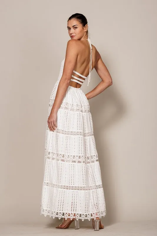 Off White Smocked Tiered Open Back Maxi Dress