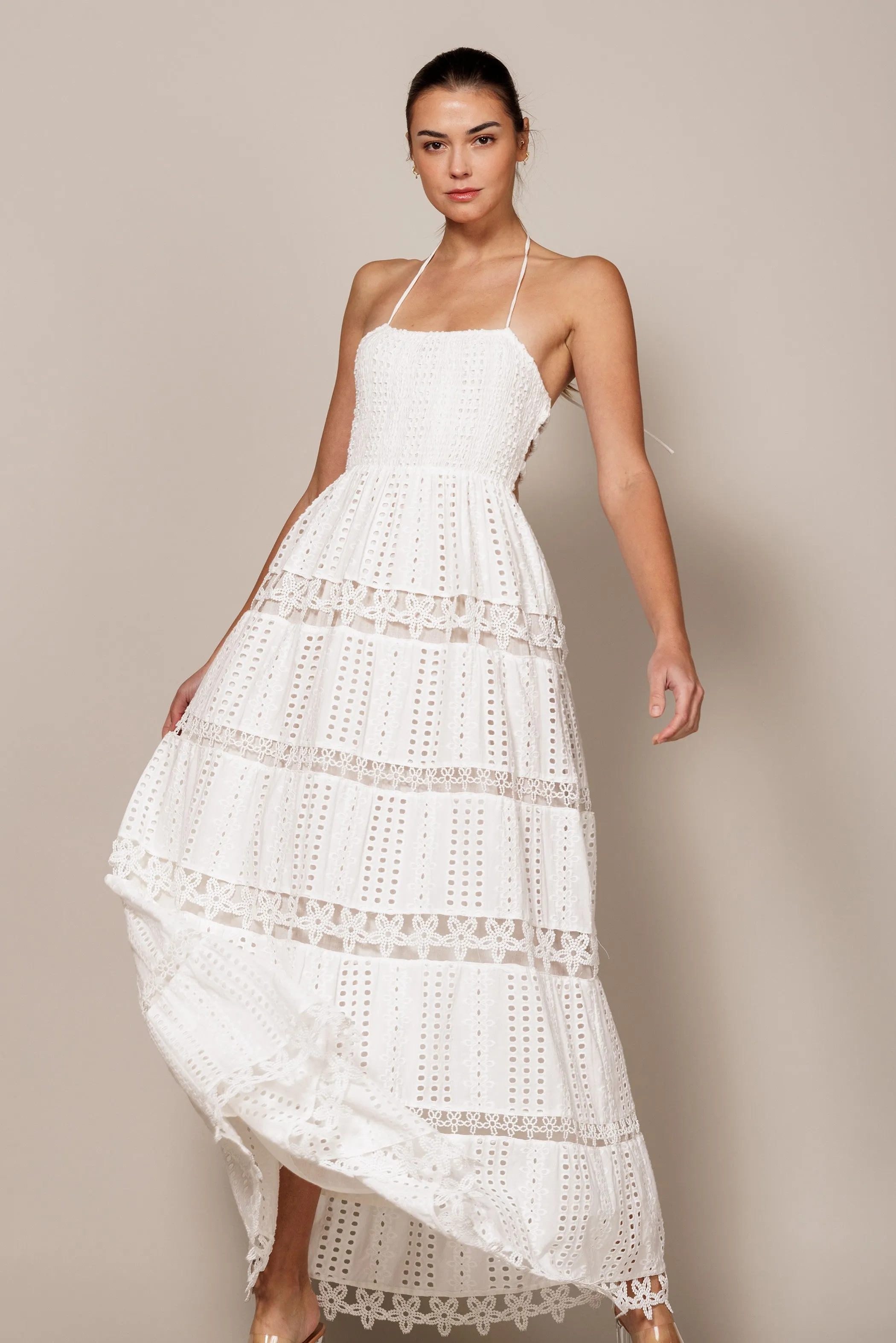 Off White Smocked Tiered Open Back Maxi Dress