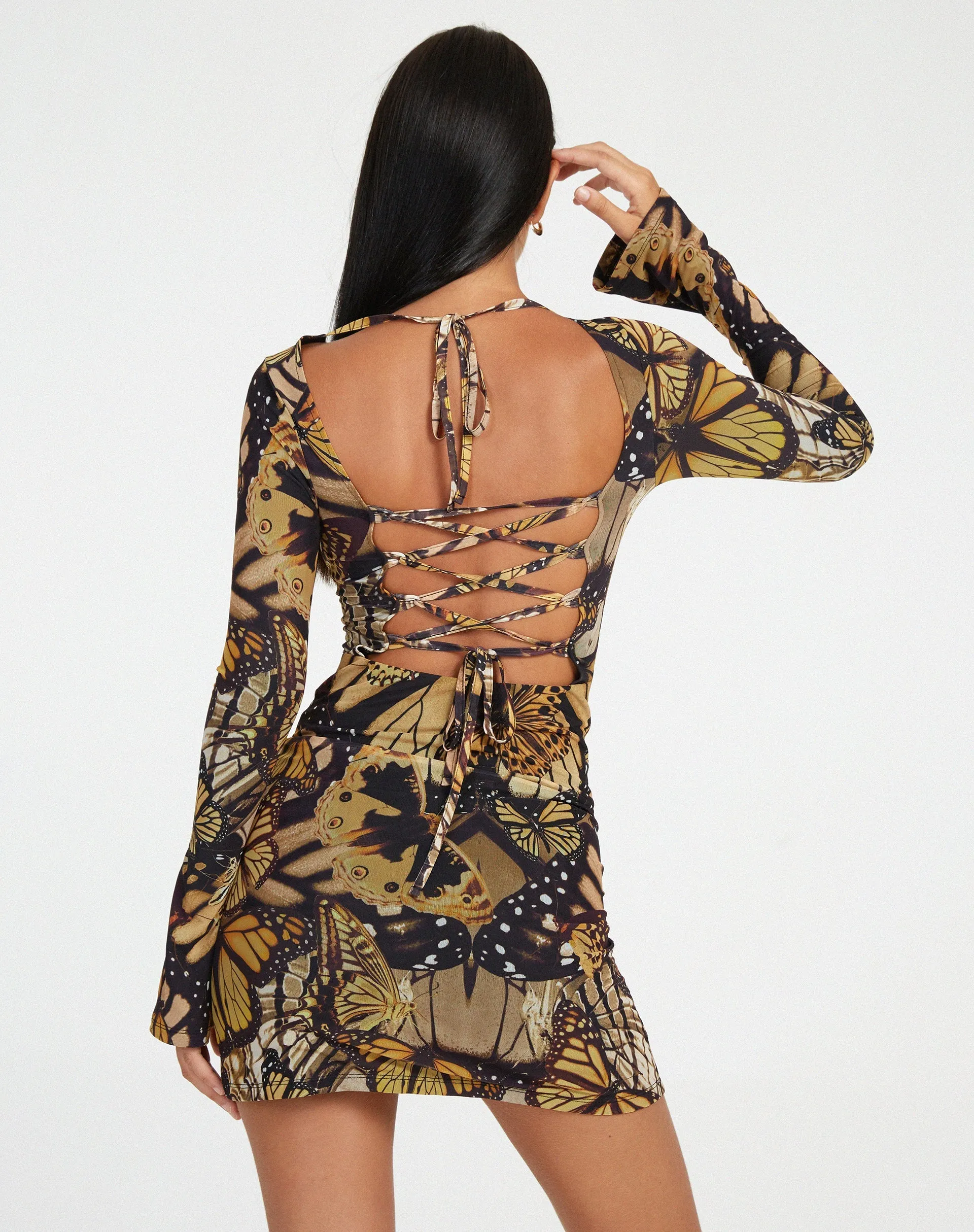 Onata Long Sleeve Mini Dress in Butterfly Gold