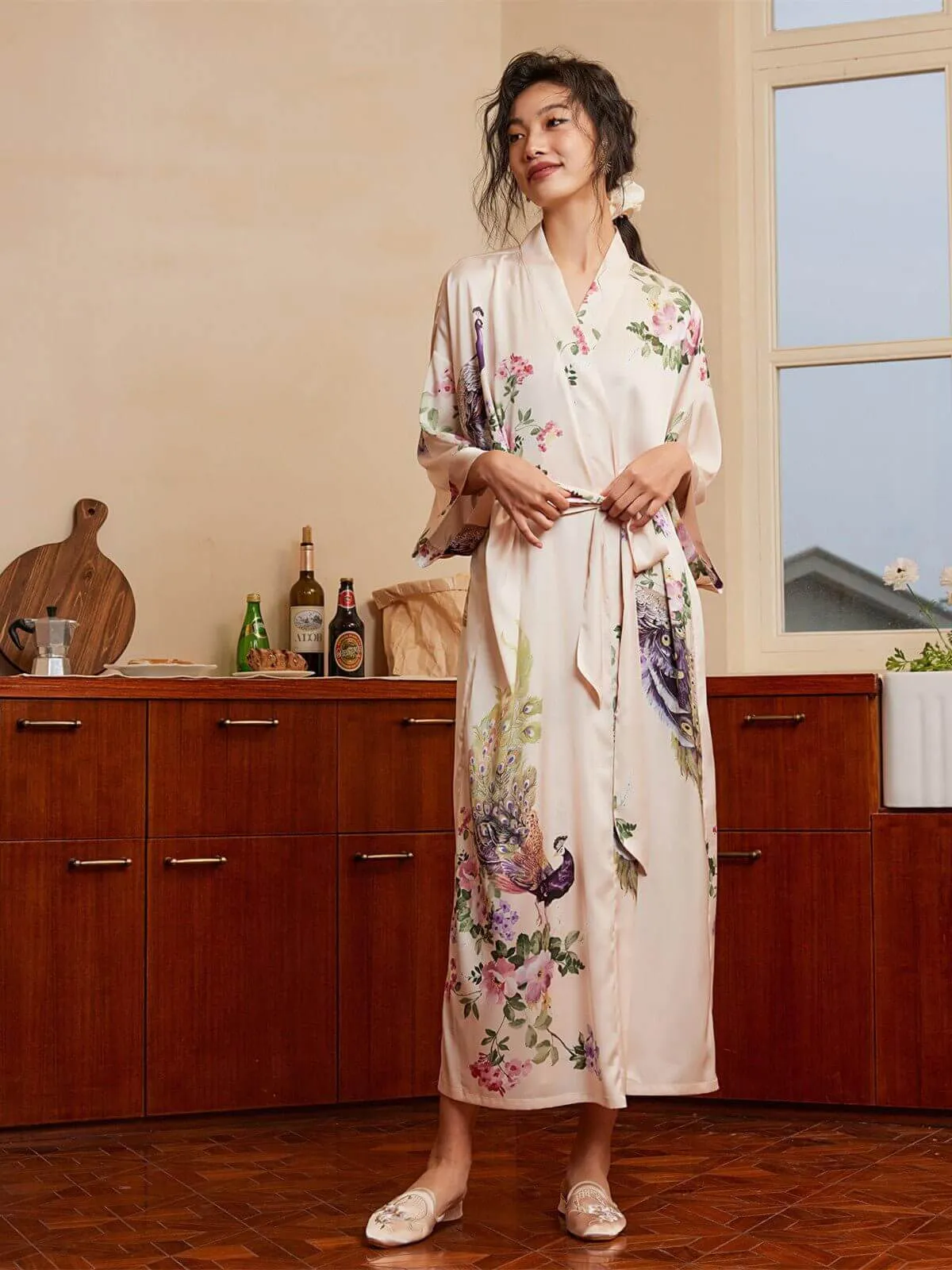 Peacock Beige Kimono Robe