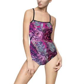 Pink Floral Women's Swimwear, Floral Print Best Women's One-piece Unpadded Swimsuit (US Size: XS-3XL)