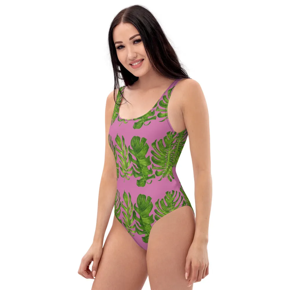 Pink Tropical Print Women's Swimsuit, Tropical Palm Leaves Print Designer Classic Luxury 1-Piece Swimwear-Made in USA/EU