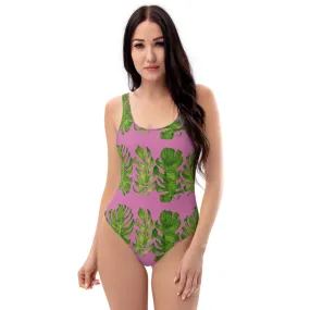 Pink Tropical Print Women's Swimsuit, Tropical Palm Leaves Print Designer Classic Luxury 1-Piece Swimwear-Made in USA/EU