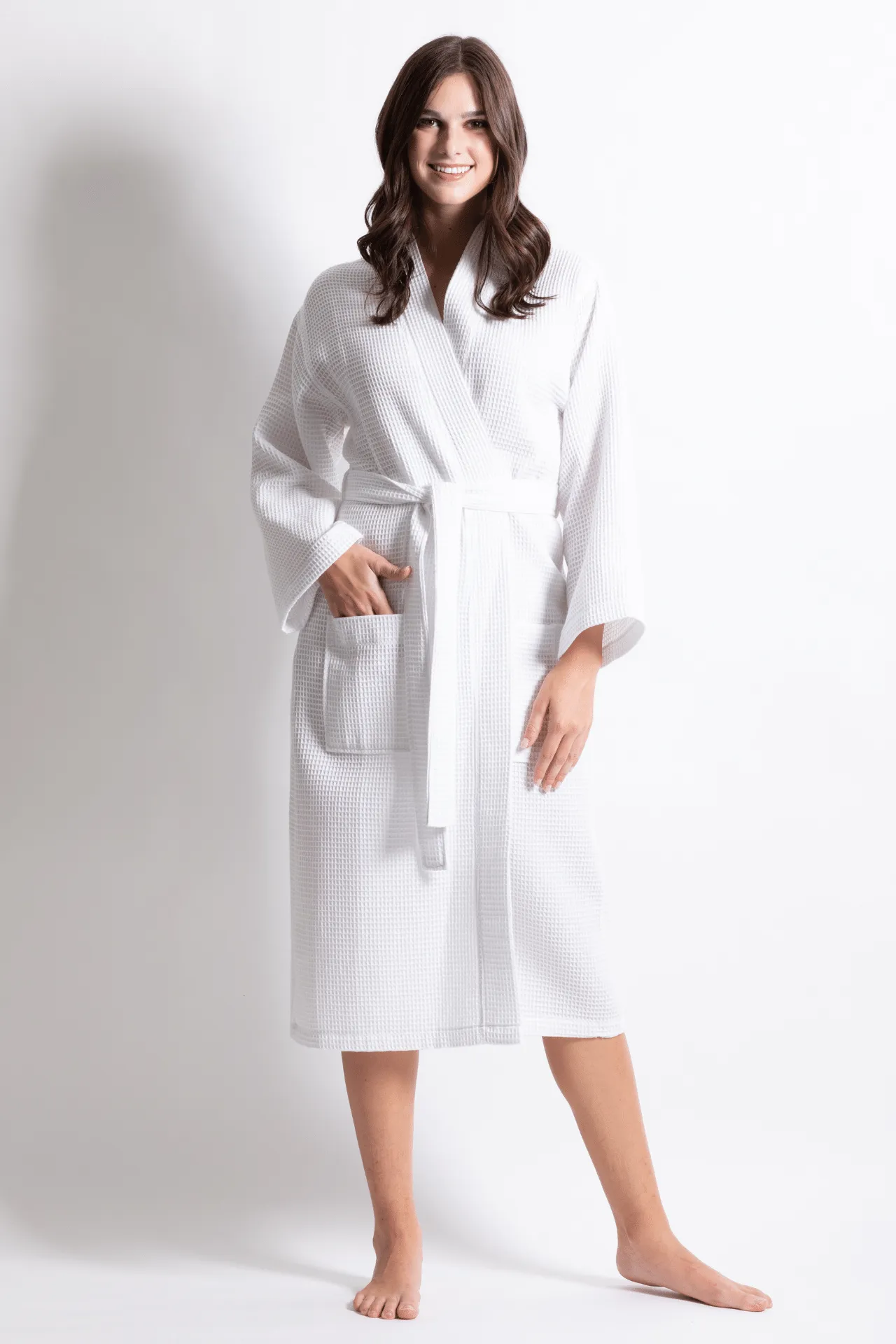 Premium Women's Long Waffle Cotton Turkish Bathrobe, Kimono Style, Luxury Robe Poly blend (White)