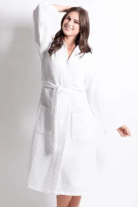 Premium Women's Long Waffle Cotton Turkish Bathrobe, Kimono Style, Luxury Robe Poly blend (White)