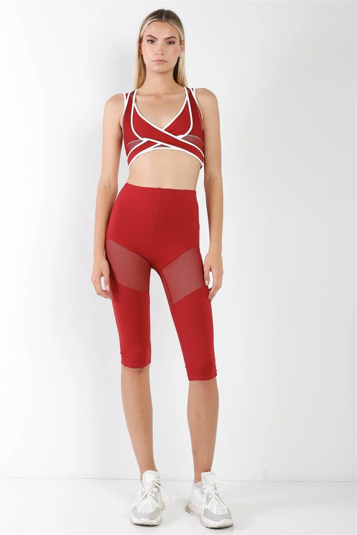 Red Combined Sheer Net Mesh Sleeveless Overlapping Racer Back Sports Bra Crop Top /1-2-1-1