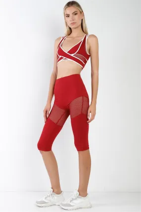 Red Combined Sheer Net Mesh Sleeveless Overlapping Racer Back Sports Bra Crop Top /1-2-1-1