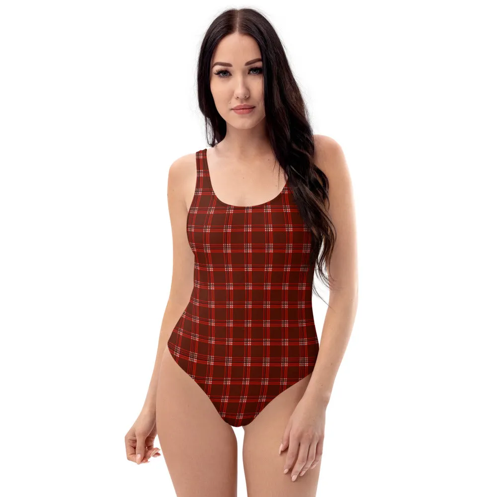 Red Plaid Print Women's Swimwear, Classic Designer One-Piece Swimsuit-Made in USA/EU