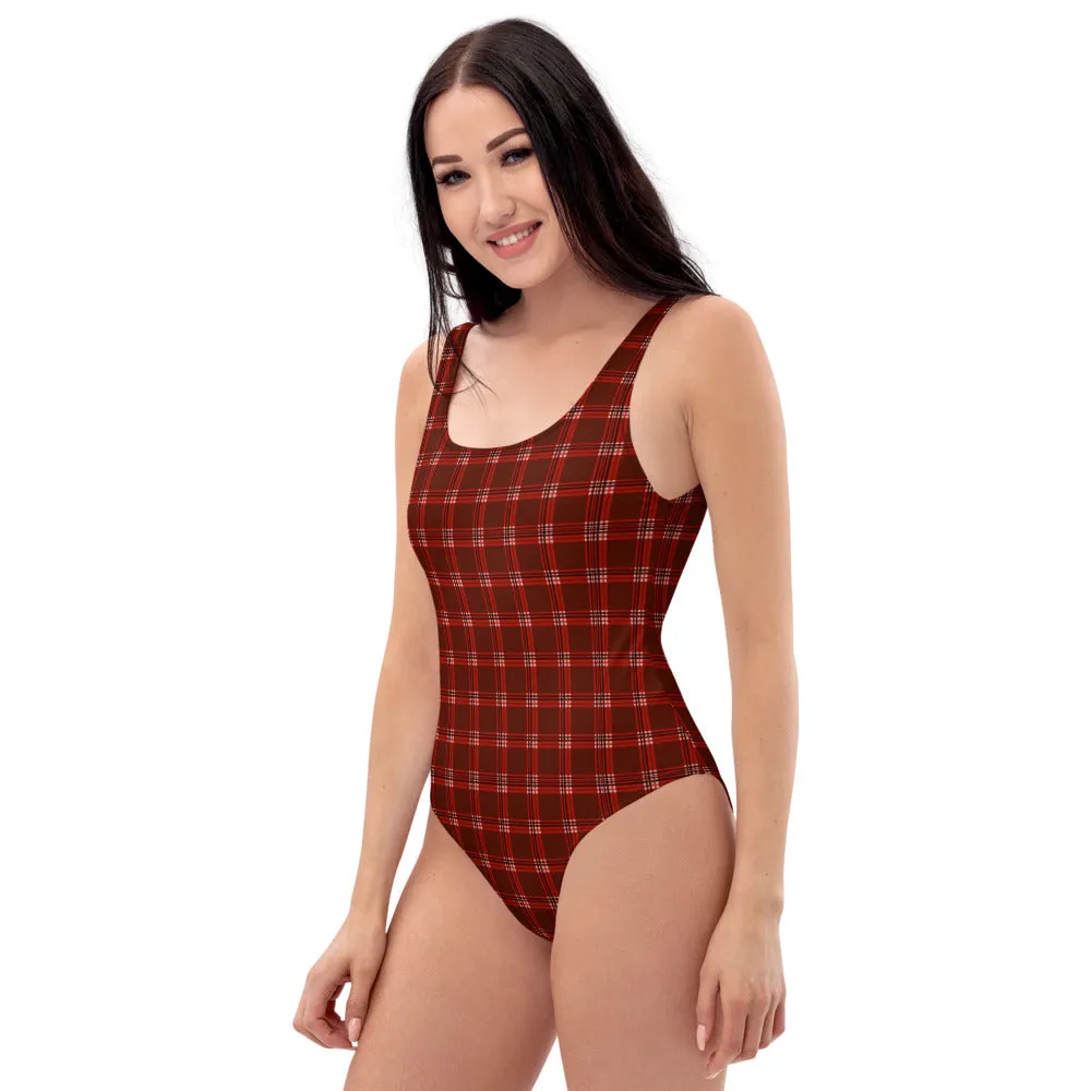 Red Plaid Print Women's Swimwear, Classic Designer One-Piece Swimsuit-Made in USA/EU