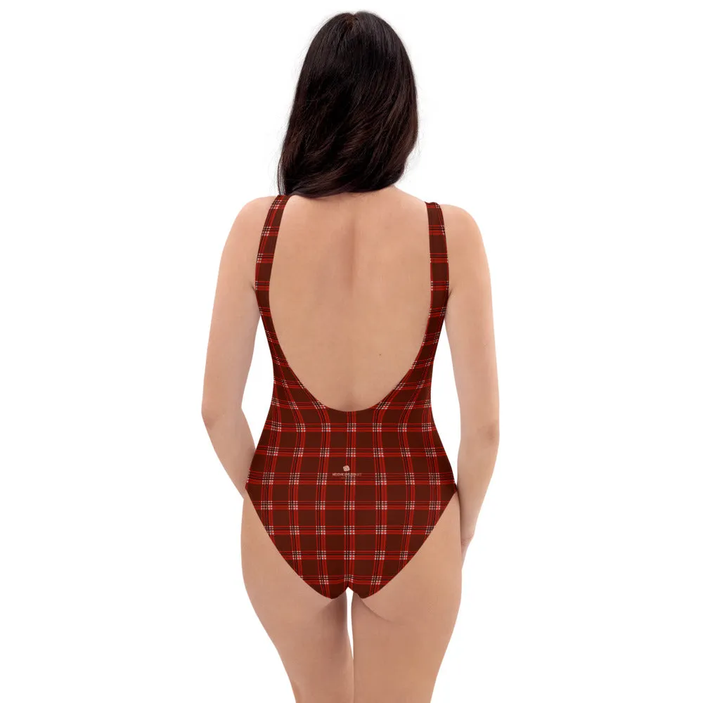 Red Plaid Print Women's Swimwear, Classic Designer One-Piece Swimsuit-Made in USA/EU