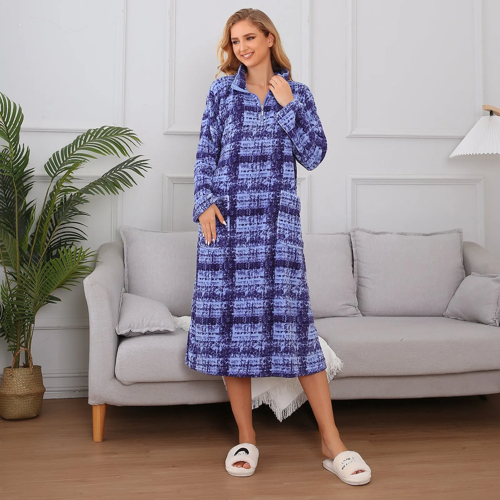 Richie House Women's Zip Front Printed Robe Long Housecoat with Pocket Nightgown S-3XL RHW4004