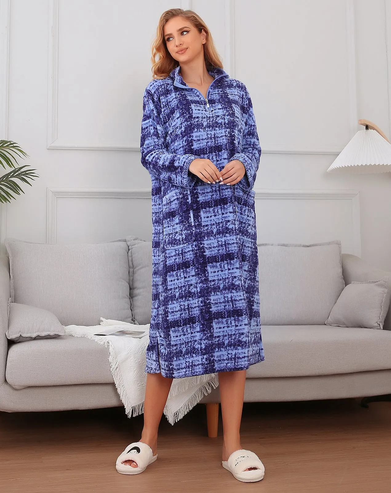 Richie House Women's Zip Front Printed Robe Long Housecoat with Pocket Nightgown S-3XL RHW4004