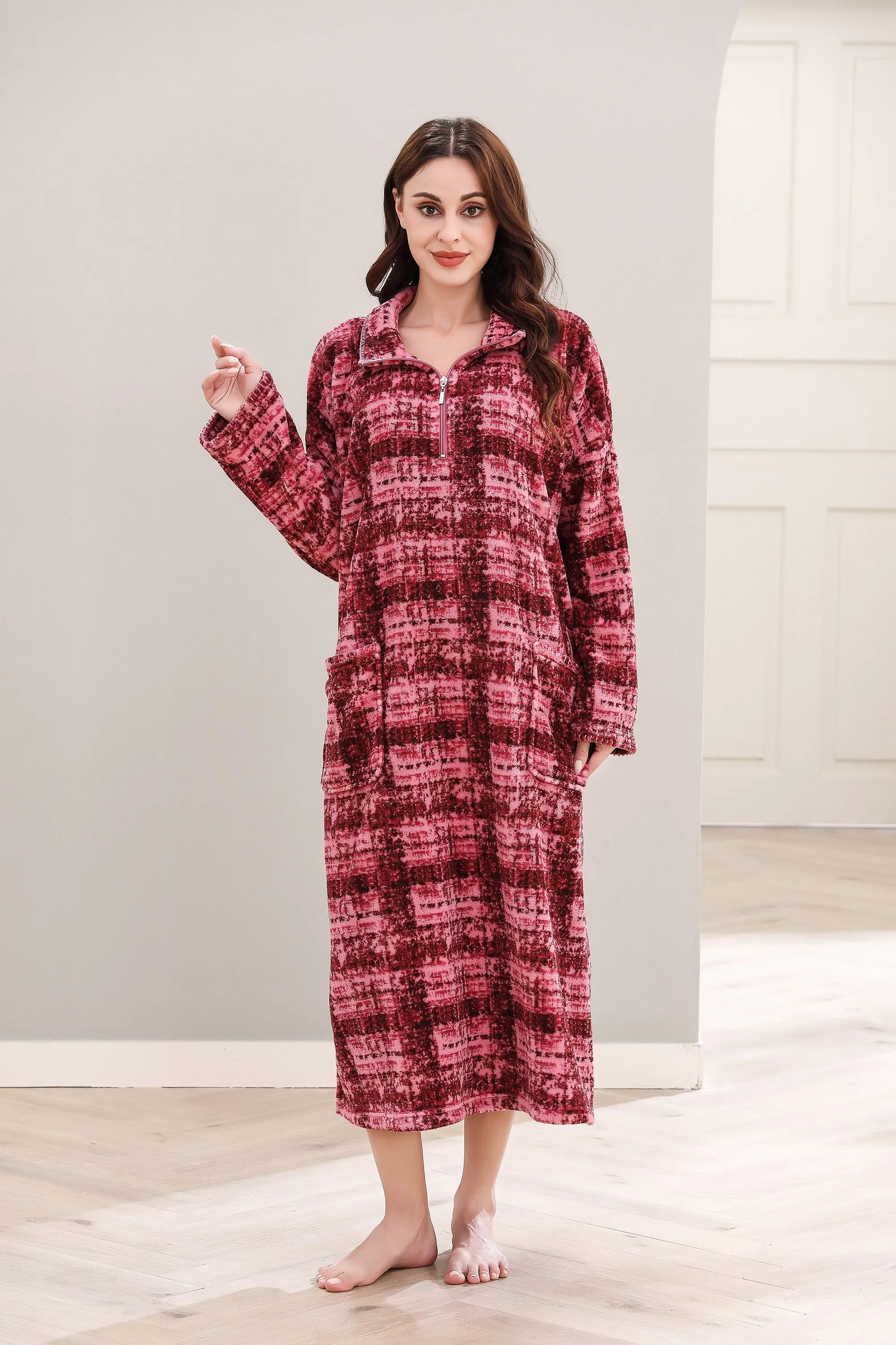 Richie House Women's Zip Front Printed Robe Long Housecoat with Pocket Nightgown S-3XL RHW4004