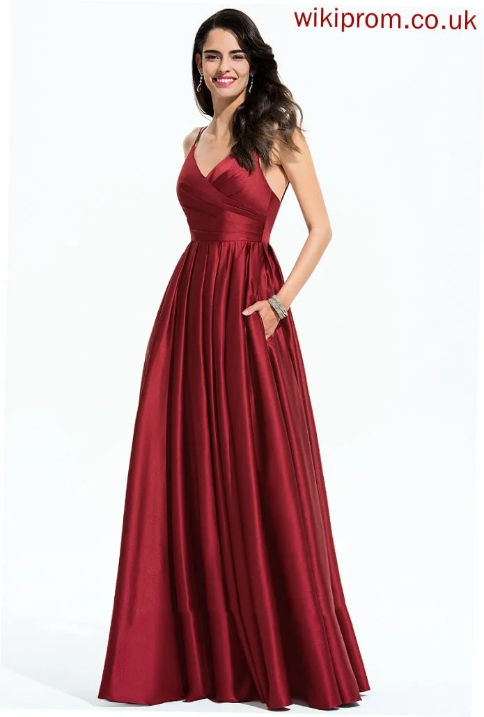 Satin Club Dresses A-line Sleeveless Maxi Satin Ruffle Lori Pockets Dresses V-Neck