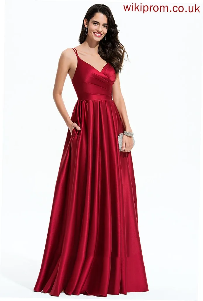 Satin Club Dresses A-line Sleeveless Maxi Satin Ruffle Lori Pockets Dresses V-Neck