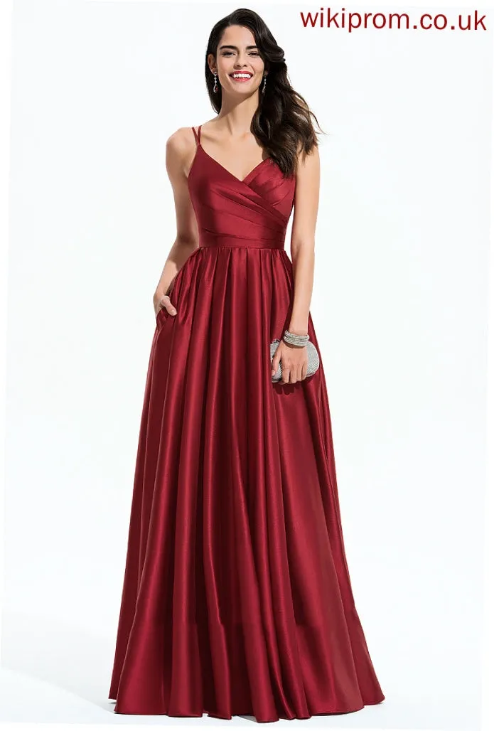 Satin Club Dresses A-line Sleeveless Maxi Satin Ruffle Lori Pockets Dresses V-Neck