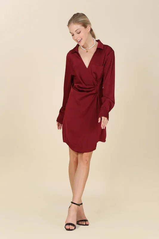 Satin collared wrap mini dress