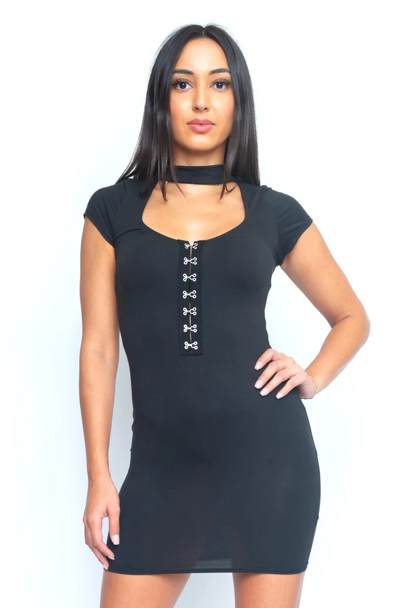 Scoop Neck Mini Dress with Mandarin Collar and Hook and Eye Front Closure (D2277)